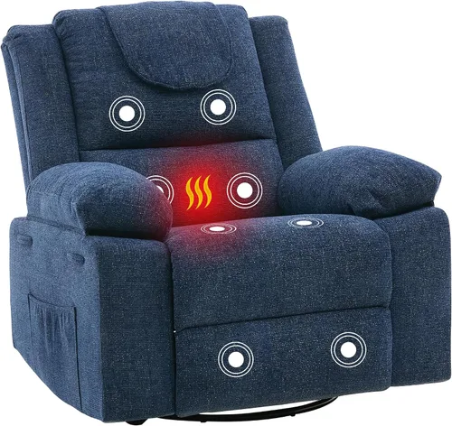 Silla reclinable mecedora de gran tamaño para adultos, silla reclinable giratoria de 360°, sofá individual con masaje por vibración y calefacción