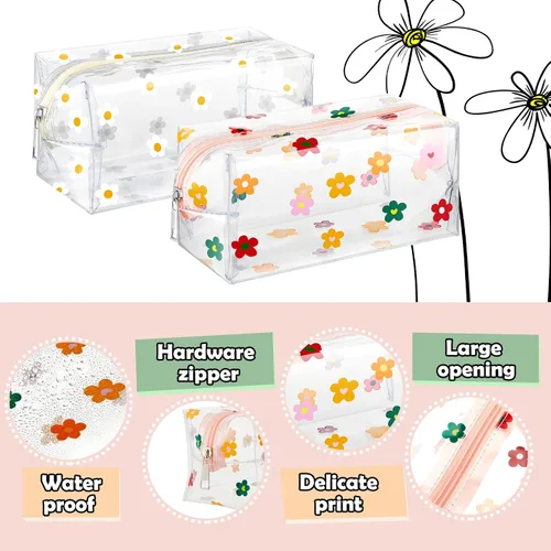 Miniatura 3 de Amylove Paquete de 2 bonitas bolsas de maquillaje de flores con cremallera de margaritas, bolsa para lápices florales, bolsas de aseo portátiles