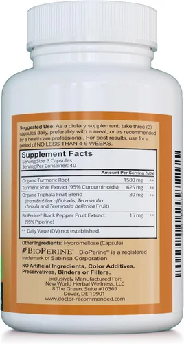 Miniatura 2 de Curcumina de cúrcuma - 2250 mg/d - Cápsulas vegetales - 95% curcuminoides con extracto de pimienta negra (Bioperine) - Cápsulas de 750 mg - 100%
