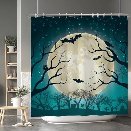 Miniatura 146 de Cortina de ducha de fantasma y gato negro para niños, 36 x 72 pulgadas, espeluznante y bonita, cortina de baño de Halloween con 6 ganchos, cortina