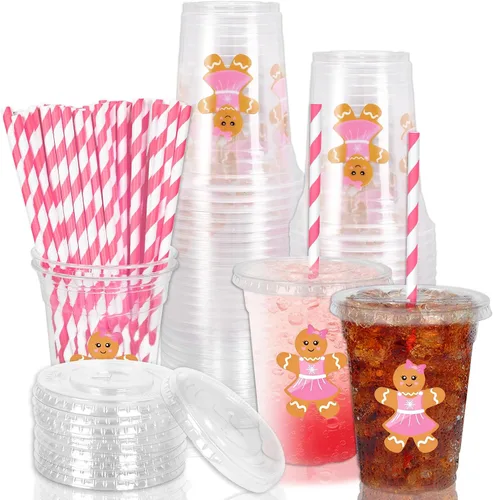 Miniatura 53 de Whaline 50 vasos de plástico desechables patrióticos de 12 onzas con tapas y pajitas con la bandera estadounidense del 4 de julio, vasos