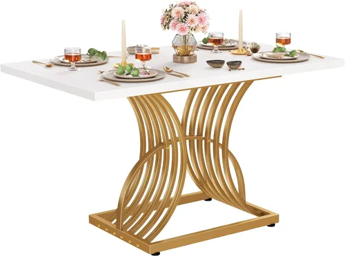 Miniatura 7 de DWVO - Mesa de comedor moderna de 47 pulgadas para 4 personas, mesa rectangular de cocina con superficie blanca y patas geométricas doradas, mesa