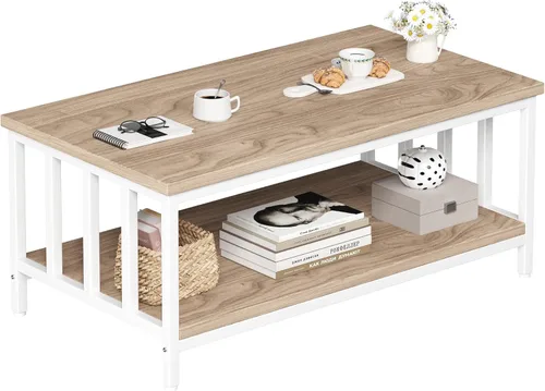 Miniatura 10 de Homeiju - Mesa de café para sala de estar con marco lateral a lamas, mesa moderna de granja para sala de estar con estante de almacenamiento de 2