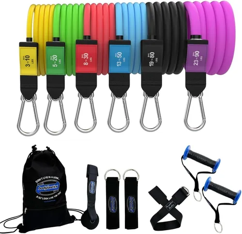 Bodylastics Juego de bandas de resistencia – Bandas de resistencia con asas, correas de tobillo, anclaje de puerta, bolsa de transporte – Bandas PRO