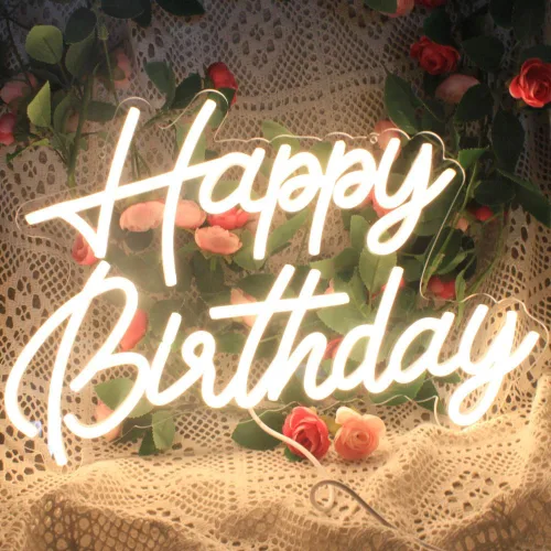 Miniatura 2 de Letrero LED de neón de feliz cumpleaños con interruptor regulable, decoración de fiesta, blanco cálido, funciona con USB, para telón de fondo