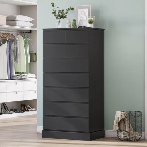 DICTAC Cómoda Alta Negra para Dormitorio con 8 Cajones, Cómodas y Cajoneras Altas de 59.6", Organizador de Armario de Madera Moderno y Gabinete de