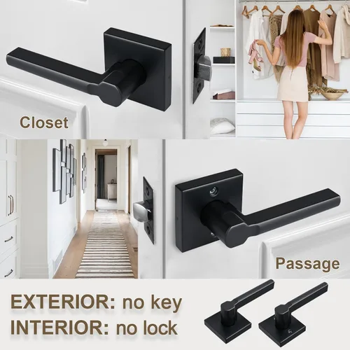 Miniatura 3 de Manija de Puerta de Paso (Sin Cerradura), Mango Cuadrado Interior de Servicio Pesado para Pasillo y Closet, Negro Mate, Reversible para Diestros