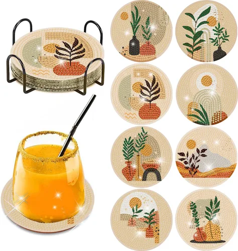 Miniatura 10 de Clendo 8 Piezas de Kits de Posavasos de Pintura de Diamante, Kits de Arte de Diamante de Paisaje DIY con Soporte, Pequeños Kits de Pintura