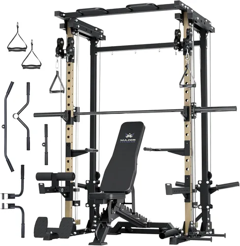 Miniatura 14 de MAJOR FITNESS Drone3 Smith Machine, 2500 libras todo en uno para gimnasio en casa con sistema de polea doble para cable cruzado, barras de dominadas