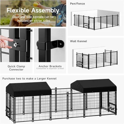 Miniatura 7 de Perrera para Perros al Aire Libre, Perrera para Perros con Techo y Comederos Giratorios/Puerta para Perros Desmontable Permite Conectar Su Casa