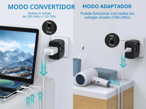 Miniatura 3 de Adaptador de viaje internacional convertidor de voltaje combinado para 100 V-240 V con 2 puertos USB, Estados Unidos a Reino Unido, Europa