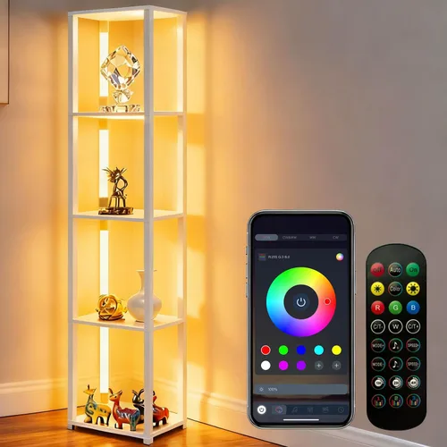 Miniatura 13 de RGBCW - Lámpara de pie con estantes, lámpara de pie LED inteligente moderna con sincronización de música, lámpara de estante de esquina que cambia