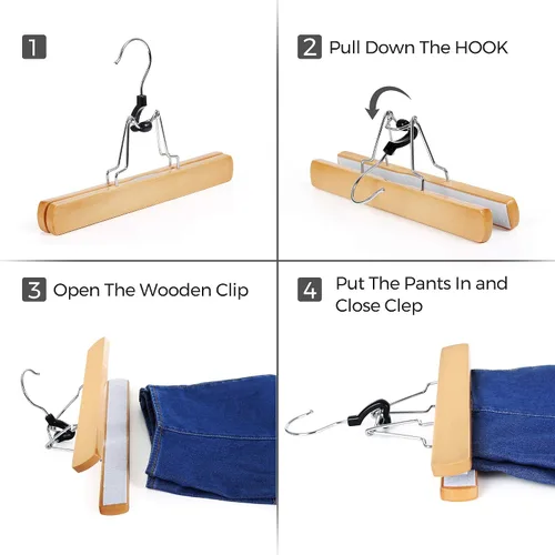 Miniatura 5 de SONGMICS Paquete de 12 perchas de madera para pantalones, madera maciza de alta calidad con fieltro antideslizante, sujeta los pantalones