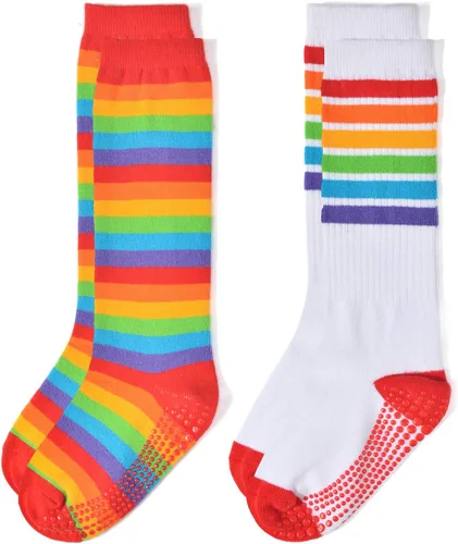 Miniatura 17 de EPEIUS Calcetines altos hasta la rodilla con rayas de arco iris para bebé, calcetines de tubo antideslizantes para uniforme de fútbol para niños