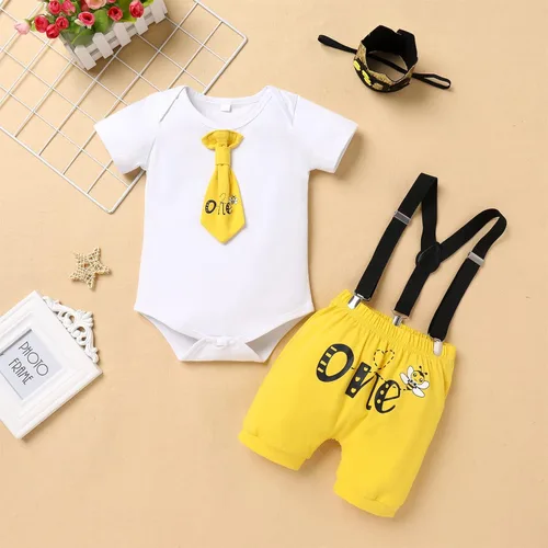 Miniatura 2 de IBTOM CASTLE It's My 1st Bee Day Baby Boy One Birthday - Mameluco con lazo para tartas, pantalones con tirantes y sesión de fotos