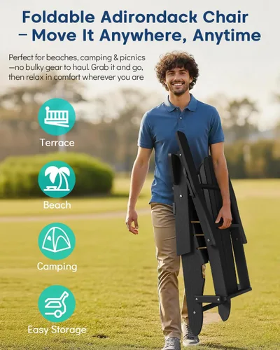 Miniatura 3 de Plawdlik Juego de 2 sillas plegables Adirondack de HDPE, sillas de patio al aire libre resistentes con soportes dobles para tazas, silla para Negro