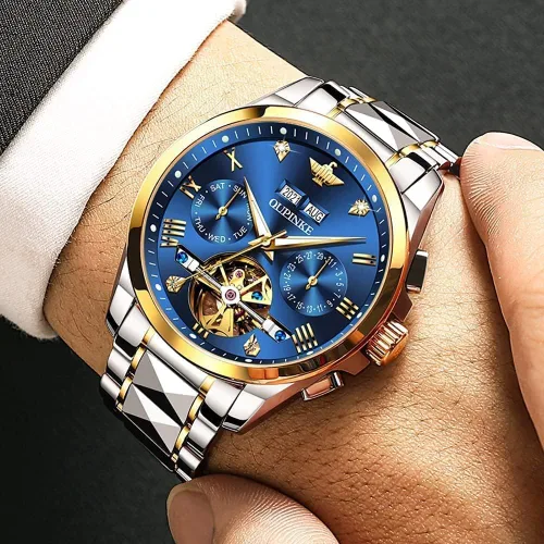 Miniatura 2 de OLEVS Relojes automáticos de esqueleto mecánico para hombres, 5ATM, impermeables, de tungsteno, acero inoxidable, cuerda automática, para hombre