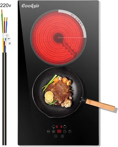 Cocina eléctrica de 2 quemadores, 12 pulgadas, 3000 W, estufa eléctrica de cerámica de doble quemador con 9 niveles de potencia, bloqueo de