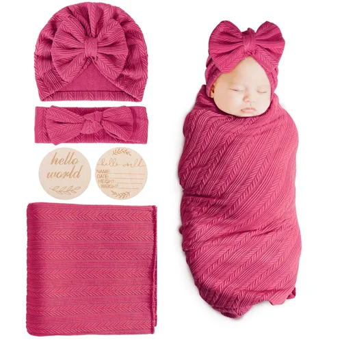 Miniatura 19 de DRESHOW BQUBO Mantas envolventes para bebés niñas, juego de 4 accesorios para recién nacidos con gorro a juego y cinta con moño con tarjeta de 1