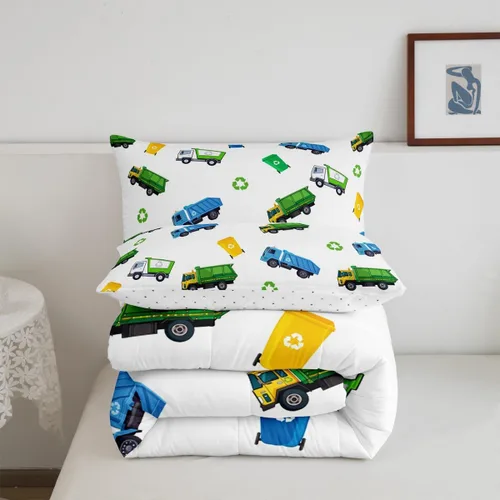 Miniatura 7 de Juego de edredón de camión de basura para niños, tamaño King, juego de ropa de cama de automóvil de dibujos animados para niños, adolescentes