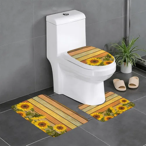 Miniatura 23 de Juego de 3 alfombras de baño con diseño de tulipanes rosados con fondo de madera, antideslizantes, con patrón de resorte, extra suaves y absorbentes