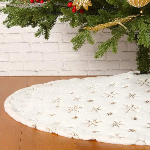 Sattiyrch - Falda de árbol de Navidad con lentejuelas de 48 pulgadas, blanca suave y gruesa con decoraciones de copos de nieve dorados para árbol de
