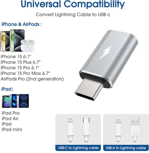 Miniatura 3 de TechMatte Cable adaptador Lightning a USB C tipo C, no para auriculares/OTG, 1.8-2.2A 15W sincronización de datos de carga rápida, para iPhone 16