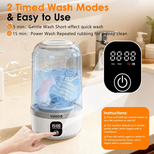 Miniatura 7 de Lavadora portátil, lavadora inalámbrica recargable de 7000mAh con 10 pinzas para ropa Limpieza profunda de ropa de bebé, ropa interior, calcetines