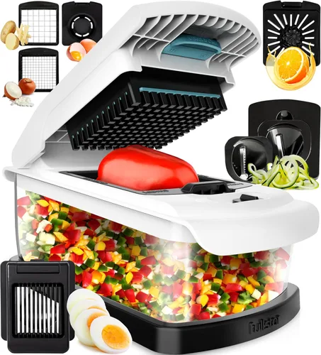Fullstar Picador de verduras - Picador de alimentos con recipiente, espiralizador, cortador de huevos y exprimidor - Artículos esenciales para el