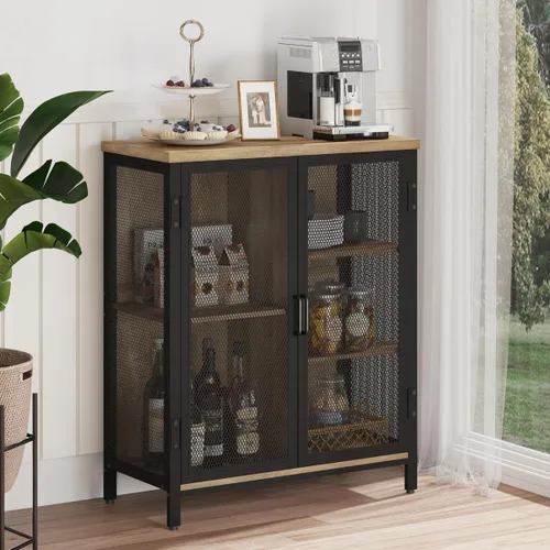 Miniatura 6 de BON AUGURE Estantería industrial de 5 niveles y armario pequeño de barra de licor para el hogar, juego de muebles de madera y metal para sala