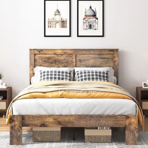 Miniatura 3 de Base de cama de tamaño matrimonial con cabecero, plataforma de madera rústica con soporte de 12 listones de madera, no necesita somier, sin ruido