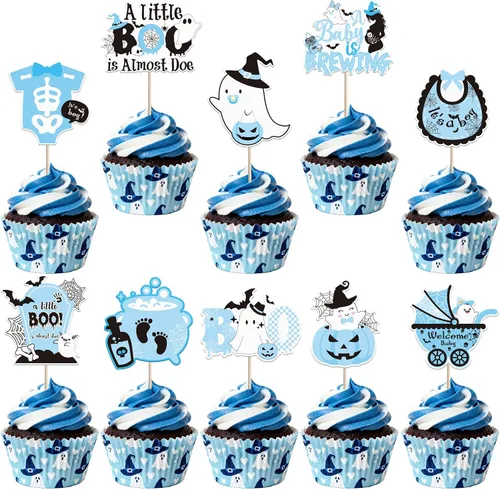 Miniatura 27 de Paquete de 24 adornos para cupcakes de Halloween con purpurina rosa, fantasma, pequeño abucheo, murciélago, bruja, gato, calabaza, magdalena