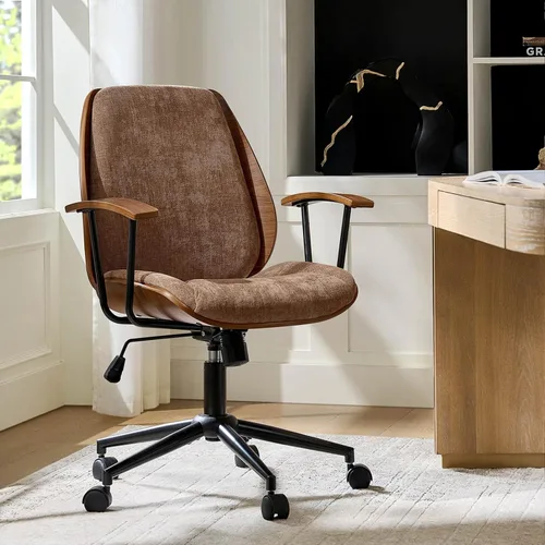 Miniatura 7 de HULALA HOME Silla de oficina de madera maciza con función mecedora, cómoda silla de escritorio de tela con base de madera doblada y metal, silla