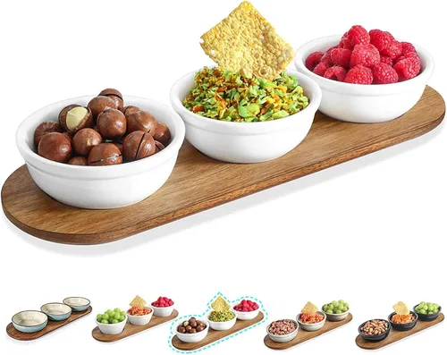 Miniatura 11 de Artena Juego de 6 Tazas de 177ml de Cerámica Sólida Turquesa para Chips y Dip con Bandeja de Madera de Acacia, Tazas de Servir Pequeñas de 11.4cm