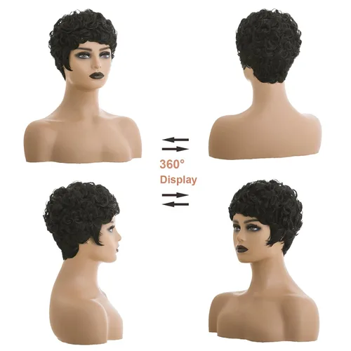 Miniatura 4 de Pelucas cortas Pixie para mujeres negras, corte Pixie negro natural, pelucas cortas y rizadas afroamericanas, pelo sintético con flequillo