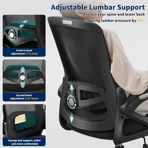 Miniatura 4 de Silla de oficina ergonómica, silla de escritorio con soporte lumbar ajustable, sillas de computadora cómodas de malla transpirable con reposabrazos