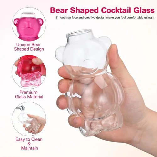 Miniatura 3 de PRETYZOOM Paquete de 2 vasos de cóctel en forma de oso de 13 onzas de borosilicato transparente – Cristalería de animales novedosos para vino, jugo