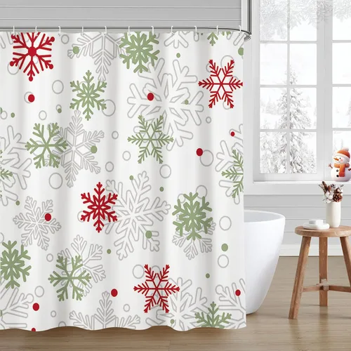 Miniatura 2 de MEHOFOND Cortina de ducha de invierno y Navidad con copos de nieve, cortina de ducha de Navidad, copos de nieve verdes y Ren, decoración de baño