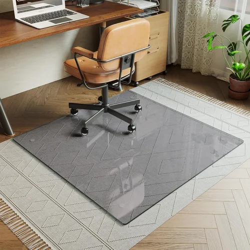 Koonmi Tapete para silla de vidrio templado para suelos de madera dura y alfombras, 46 x 46 pulgadas, color gris, protector de piso de oficina,