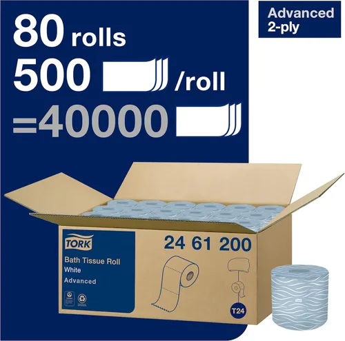 Miniatura 2 de Tork Advanced Toilet Paper Roll, White, Compatible with T24 Dispensers, 2-ply, Soft Tissue, 80 rolls x 500 sheets (2461200)