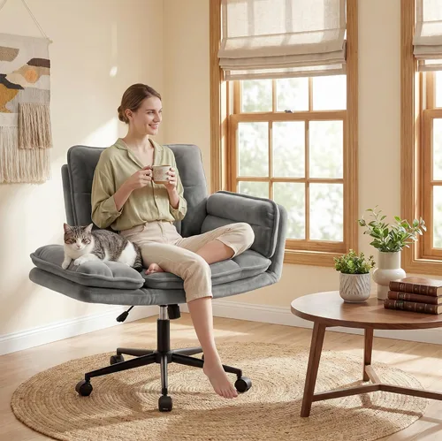 Miniatura 11 de Silla cruzada con ruedas, silla de oficina ergonómica con reposabrazos ajustables, silla de tocador con respaldo para dormitorio, sala de maquillaje