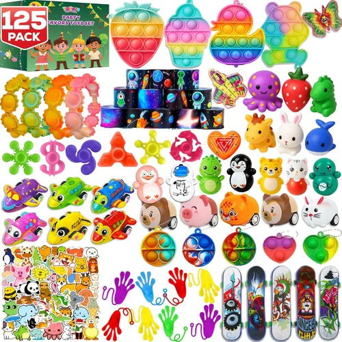 Paquete de 125 juguetes para la ansiedad, regalos de fiesta, juego sensorial de burbujas seleccionadas al azar, 65 calcomanías, regalos para niños,