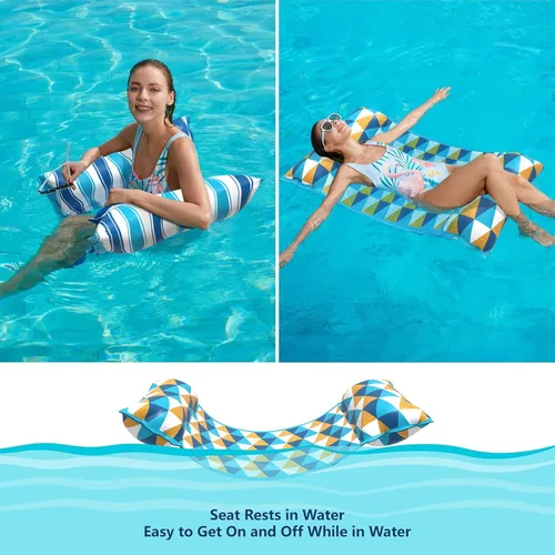 Miniatura 4 de Jasonwell Hamaca de agua flotadores para piscina, paquete de 2 flotadores inflables de tela 4 en 1 (silla de montar, tumbonas flotantes), tumbonas