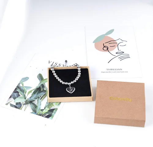 Miniatura 7 de Estendly - Pulsera de cuentas de acero inoxidable de 6mm con dije en forma de corazón e inicial, 26 letras, ideal como regalo de cumpleaños