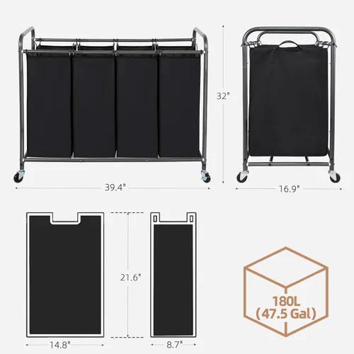 Miniatura 3 de STORAGE MANIAC Clasificador de Ropa Sucia de 4 Secciones, Cesto de Ropa Sucia de 47.8 Galones (181 L) con Ruedas, Clasificador de Cestas Divisoras