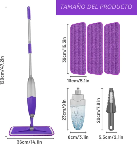 Miniatura 8 de HOMTOYOU - Trapeadores de aerosol para limpieza de pisos: mopa húmeda para madera dura, azulejos, laminados, vinilo - 3 almohadillas de microfibra
