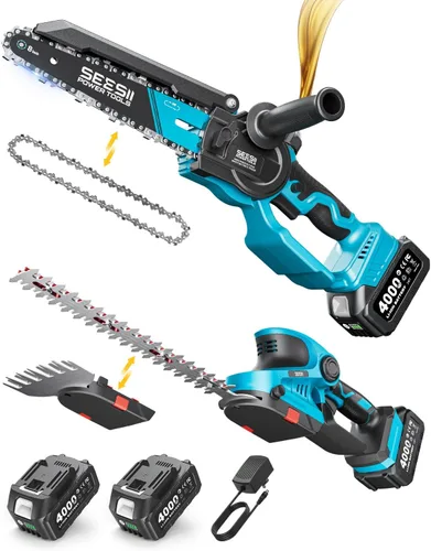 Miniatura 16 de Seesii Mini motosierra, mini motosierra de 6 pulgadas, inalámbrica, de mano, con 2 baterías, para cortar árboles, cortar madera, el mejor regalo Azul