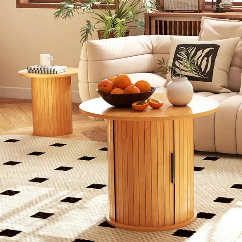 Miniatura 7 de COSVALVE Mesa de Café Redonda de Madera 60CM con Almacenamiento Oculto y Puerta Deslizante, Conjunto de Mesas Auxiliares Circulares de Estilo Granja