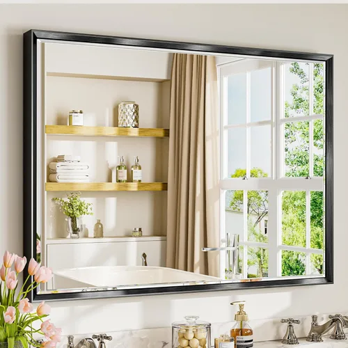 Miniatura 40 de Espejo de baño negro, espejo de baño biselado de 16 x 24 pulgadas para pared, espejo con marco negro antioxidante para decoración de baño, sala