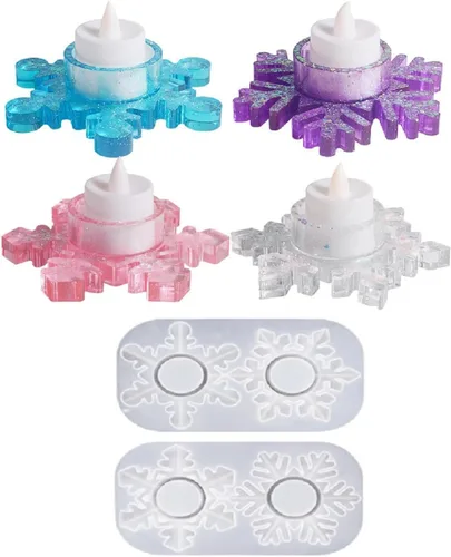 Yalulu 2 moldes de resina con forma de copo de nieve, portavelas de silicona para resina, portavelas para candelitas, moldes de fundición epoxi para